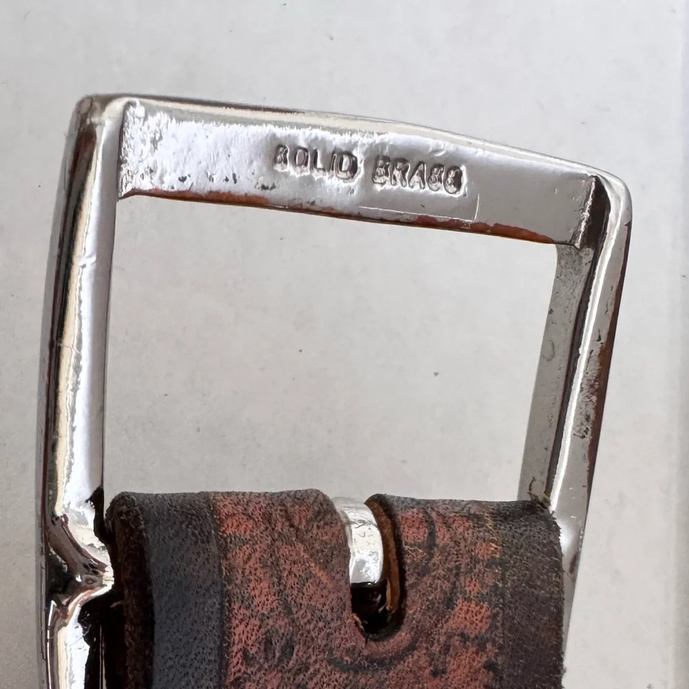 Vintage Leather Belt w/ Silvertone Buckle Marked Solid Brass Tooled Leather 32”